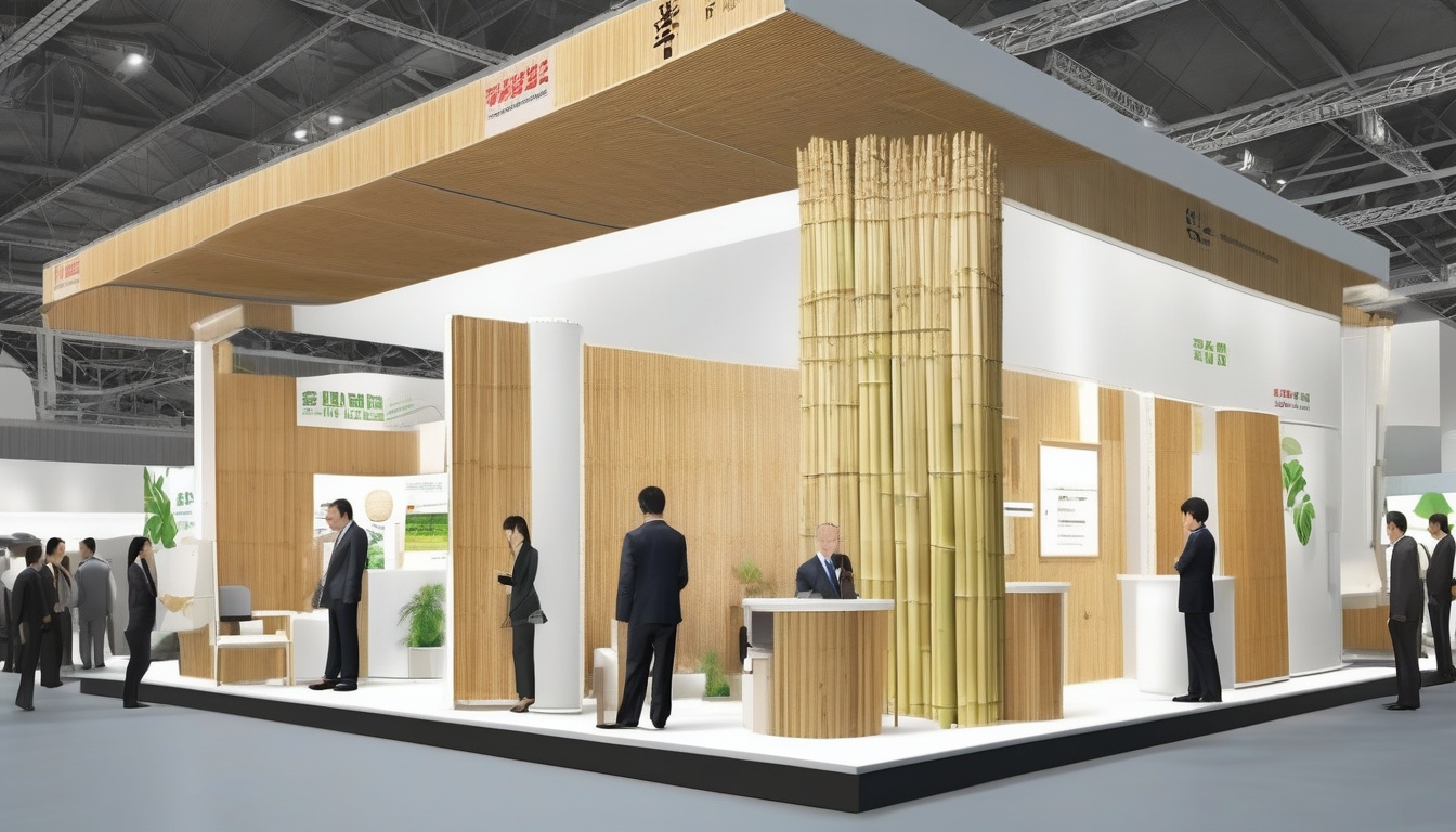 展示会で竹製品を紹介するブースと来場するビジネスパーソン